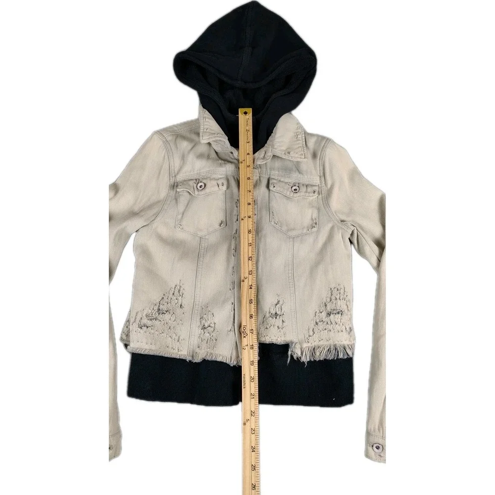 People Double Weave Denim Jacket Hoodie Distressed Layered Boho Sz XS - Picture 8 of 11